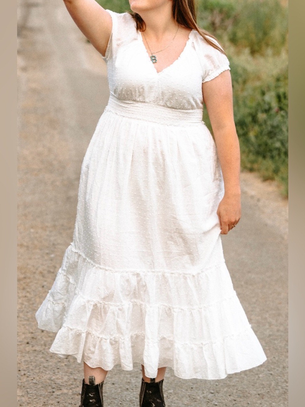 White Ruffled Midi Dress with Smocked Waist